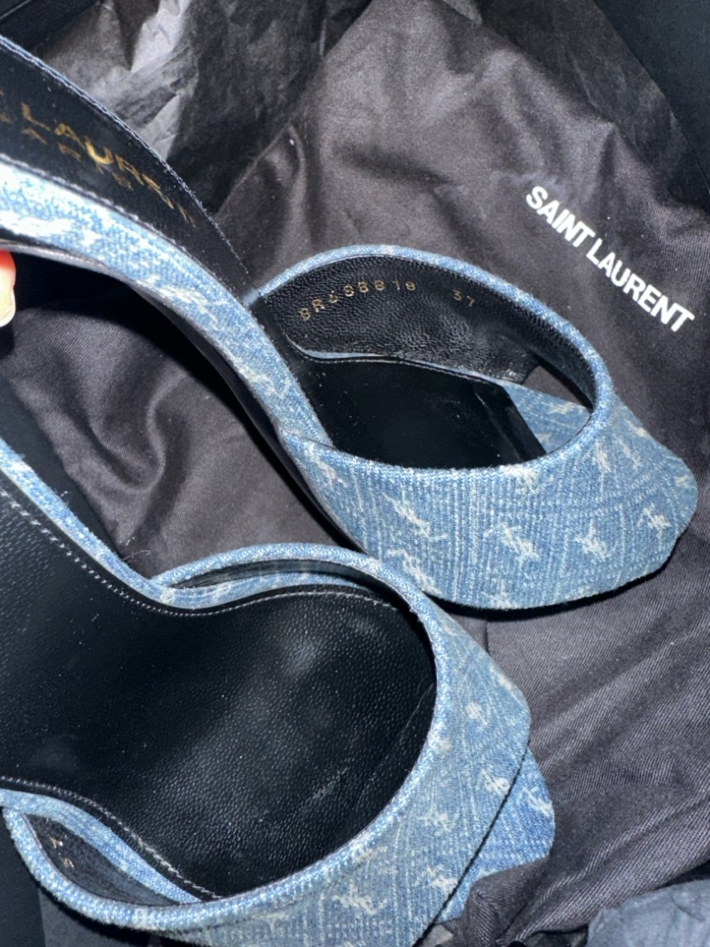 Saint Laurent Blue Denim Monogram Slide Mules - Picture 5 of 11